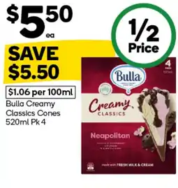 Woolworths Bulla Creamy Classics Cones offer