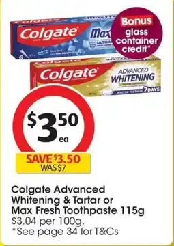 Coles Colgate Advanced Whitening & Tartar or Max Fresh Toothpaste offer