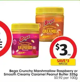 Coles Bega Crunchy Marshmallow Raspberry or Smooth Creamy Caramel Peanut Butter offer