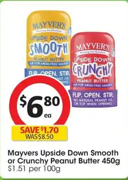 Coles Mayvers Upside Down Smooth or Crunchy Peanut Butter offer