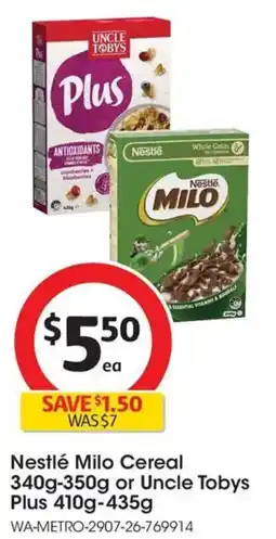 Coles Nestlé Milo Cereal or Uncle Tobys Plus offer