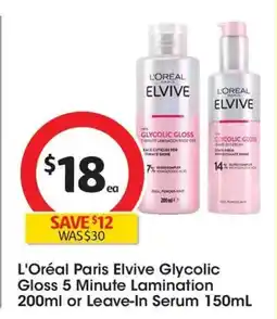 Coles L'Oréal Paris Elvive Glycolic Gloss 5 Minute Lamination or Leave-In Serum offer