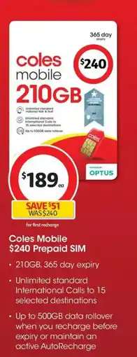 Coles Coles Mobile Prepaid SIM offer