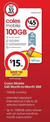Coles Coles Mobile Month-to-Month SIM offer