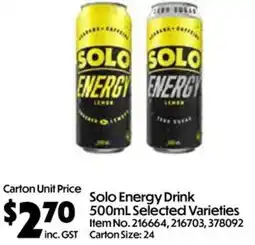 Campbells Wholesale Solo Energy Drink offer