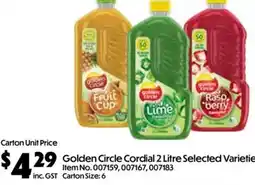 Campbells Wholesale Golden Circle Cordial 2 Litre Selected Varieties offer