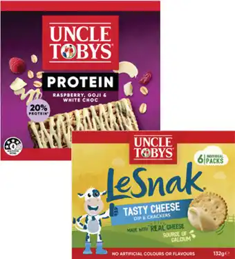 Coles Uncle Tobys Le Snak 132g or Protein Muesli Bars 175g offer