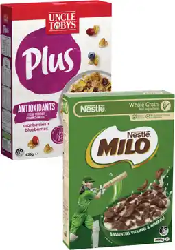 Coles Nestlé Milo Cereal 340g-350g or Uncle Tobys Plus 410g-435g offer