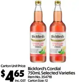 C-Store Distribution Bickford's Cordial 750mL Selected Varieties offer