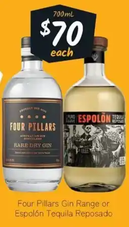 Cellarbrations Four Pillars Gin Range or Espolón Tequila Reposado offer