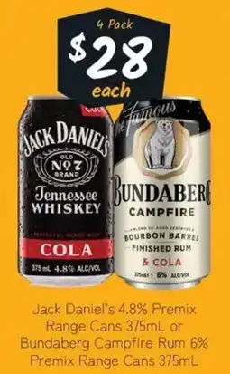Cellarbrations Jack Daniel's 4.8% Premix Range Cans or Bundaberg Campfire Rum 6% Premix Range Cans offer