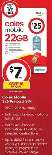 Coles Coles Mobile Prepaid SIM offer