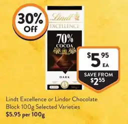 Foodworks Lindt Excellence or Lindor Chocolate Block 100g Selected Varieties offer