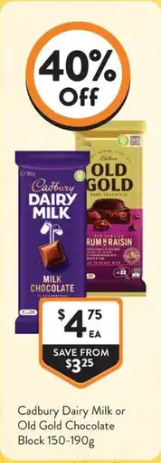 Foodworks Cadbury Dairy Milk or Old Gold Chocolate Block offer