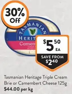 Foodworks Tasmanian Heritage Triple Cream Brie or Camembert Cheese offer