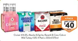 Foodworks Cruiser 4/4.6%, Absolut & Sprite, Bacardi & Coca-Cola or Wild Turkey 4.8% 4 Pack offer