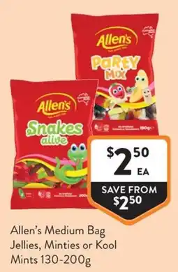 Foodworks Allen's Medium Bag Jellies, Minties or Kool Mints offer