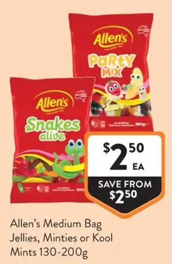 Foodworks Allen's Medium Bag Jellies, Minties or Kool Mints offer