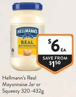 Foodworks Hellmann's Real Mayonnaise Jar or Squeezy offer