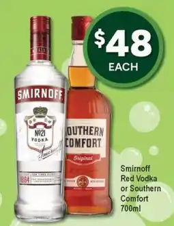 Bottler Smirnoff Red Vodka or Southern Comfort offer