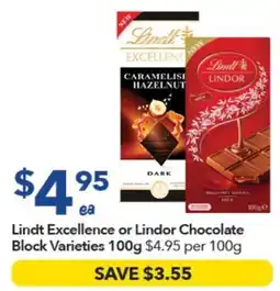 Ritchies Lindt Excellence or Lindor Chocolate Block Varieties offer