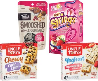 Uncle Tobys Muesli Bars 185g, Tasti Smooshed Wholefood Balls 69g or Nice & Natural Fruit Strings 136g