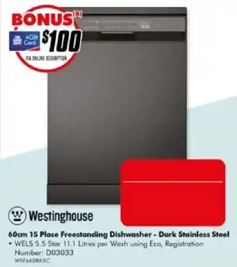 The Good Guys Westinghouse 60cm 15 Place Freestanding Dishwasher - Dark Stainless Steel offer