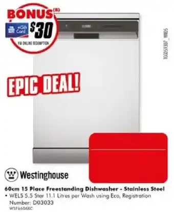 The Good Guys Westinghouse 60cm 15 Place Freestanding Dishwasher - Stainless Steel offer