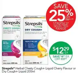 Terry White Strepsils Herbal Chesty Cough+ Liquid Cherry Flavour or Dry Cough+ Liquid offer