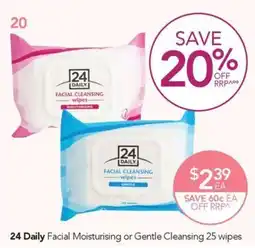 Terry White 24 Daily Facial Moisturising or Gentle Cleansing 25 wipes offer