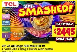 JB Hi-Fi TCL 75" 4K AI Google SQD Mini LED TV offer