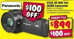 JB Hi-Fi Panasonic VX3A 4K UHD 24x ZOOM Camcorder offer