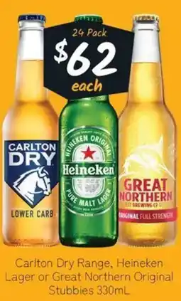 Cellarbrations Carlton dry range, heineken lager or great northern original stubbies offer