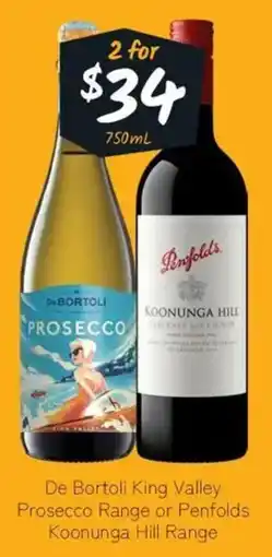 Cellarbrations De bortoli king valley prosecco range or penfolds koonunga hill range offer