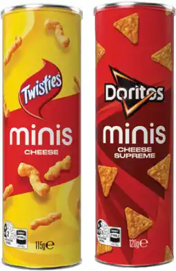 IGA Twisties Cheese 115g or Doritos Cheese Supreme 120g Minis Canister offer