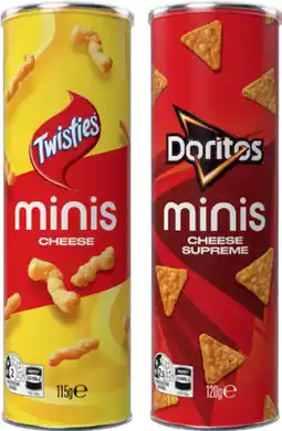 IGA Twisties Cheese 115g, Doritos Cheese Supreme 120g or Cheetos Cheese & Bacon 90g Minis Canister offer