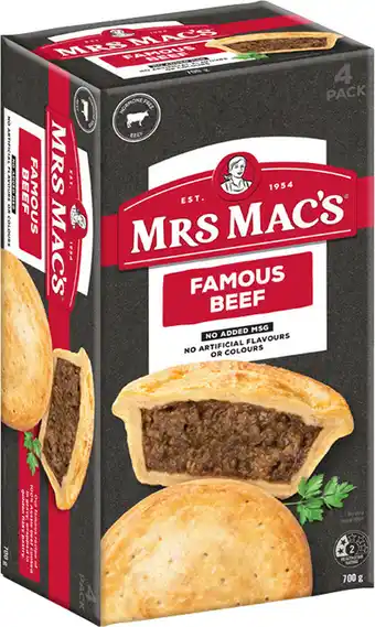IGA Mrs Mac’s Pies or Giant Sausage Rolls 4 Pack Selected Varieties offer