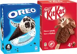 IGA Oreo Ice Cream Cones or Nestlé KitKat Ice Cream Sticks 4 Pack Selected Varieties offer