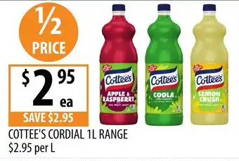 Supabarn Cottee's Cordial 1L Range offer
