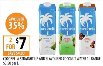 Supabarn Cocobella straight up and flavoured coconut water 1L range offer
