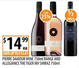 Supabarn Pierre Damour Wine 750ml Range and Allegiance The Tiger MV Shiraz 750ml offer
