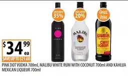 Supabarn Pink Dot Vodka, Malibu White Rum with Coconut, Kahlua Mexican Liqueur offer