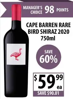 Supabarn Cape Barren Rare Bird Shiraz 2020 offer