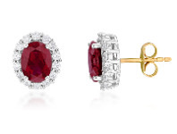Shiels 9ct Yellow Gold Created Ruby Oval + Cubic Zirconia Halo Stud Earrings offer