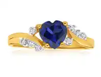 Shiels 9ct Yellow Gold Created Sapphire Heart + Diamond Ring offer
