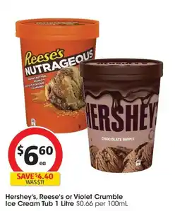 Coles Hersheys Reeses or Violet Crumble Ice Cream Tub offer
