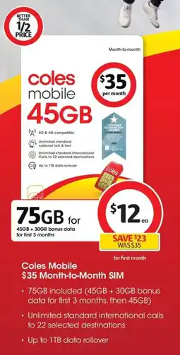 Coles Coles Mobile Month to Month SIM offer