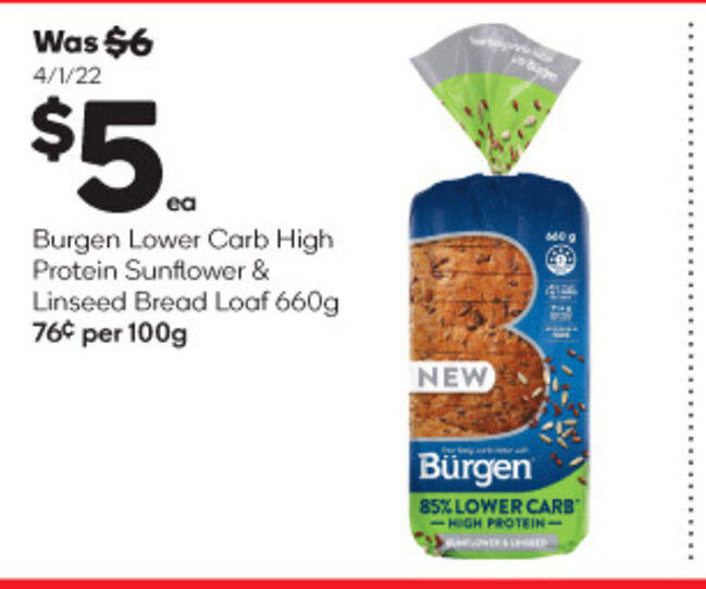 Burgen Lower Carb High Protein Sunflower And Linseed Bread Loaf Offer At