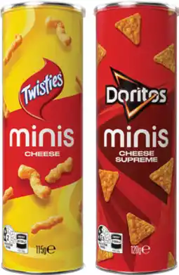 IGA Twisties Cheese 115g, Doritos Cheese Supreme 120g or Cheetos Cheese & Bacon 90g Minis Canister offer