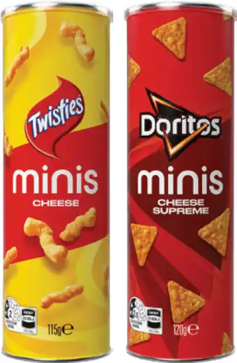 IGA Twisties Cheese 115g, Doritos Cheese Supreme 120g or Cheetos Cheese & Bacon 90g Minis Canister offer